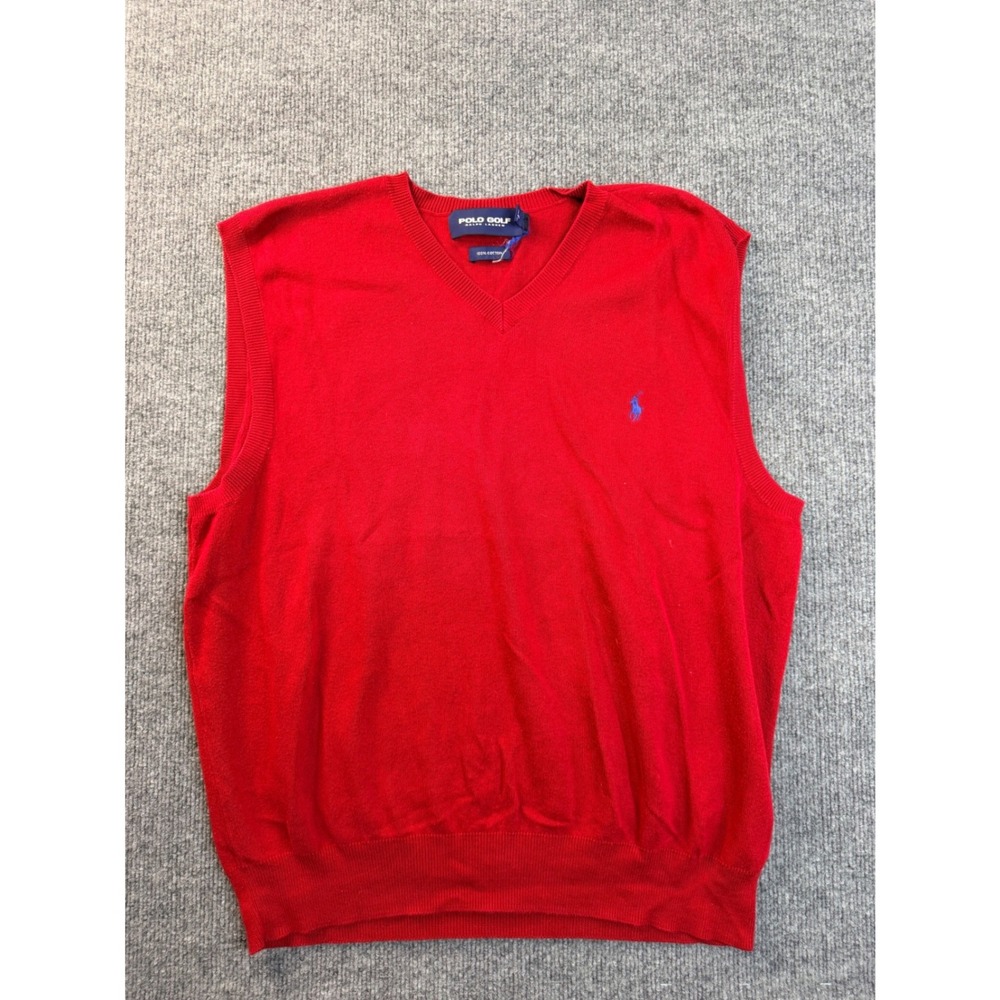 Polo Golf Ralph Lauren Mens Medium Red Cotton V-Neck Sweater Vest Logo Hong Kong